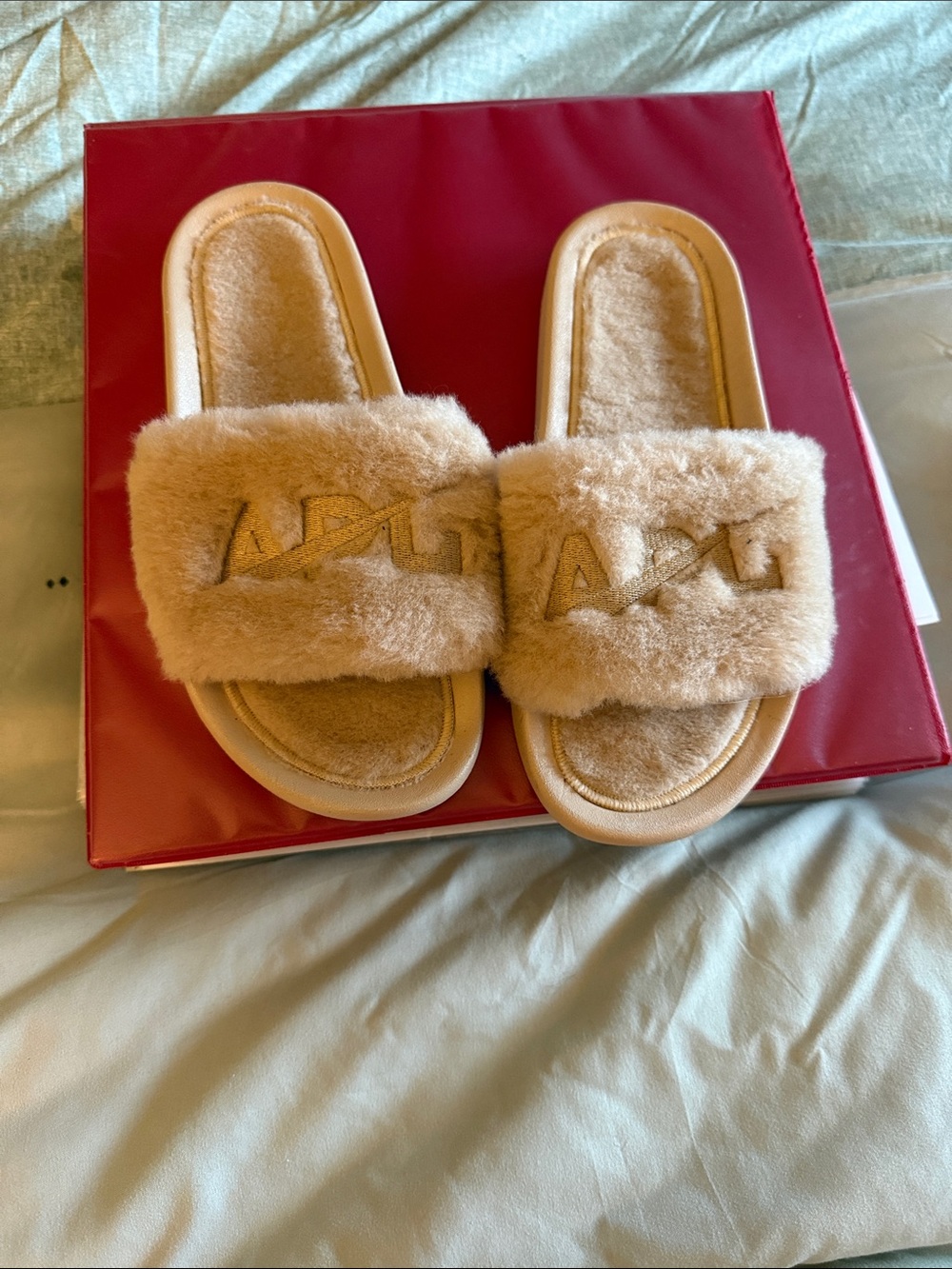 APL Tan Fuzzy Slide Slippers